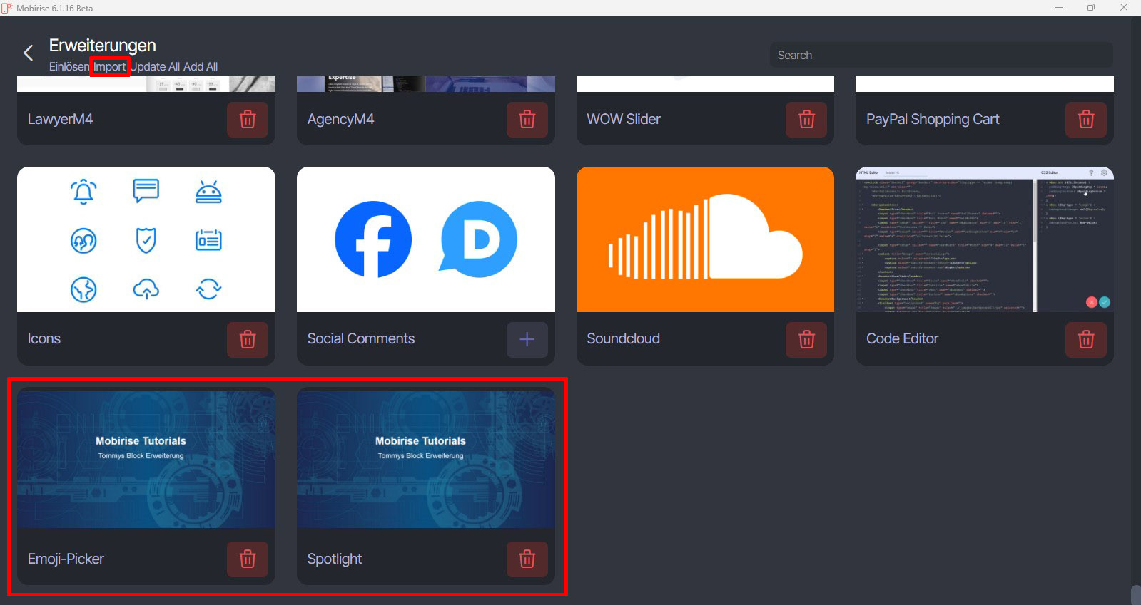 Importierte Block Erweiterungen