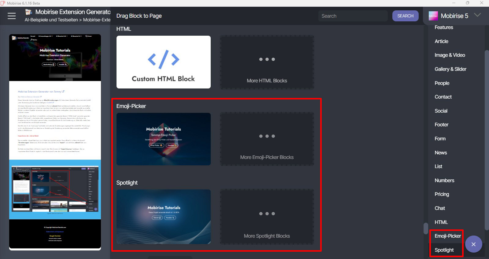 Importierte Block Erweiterungen