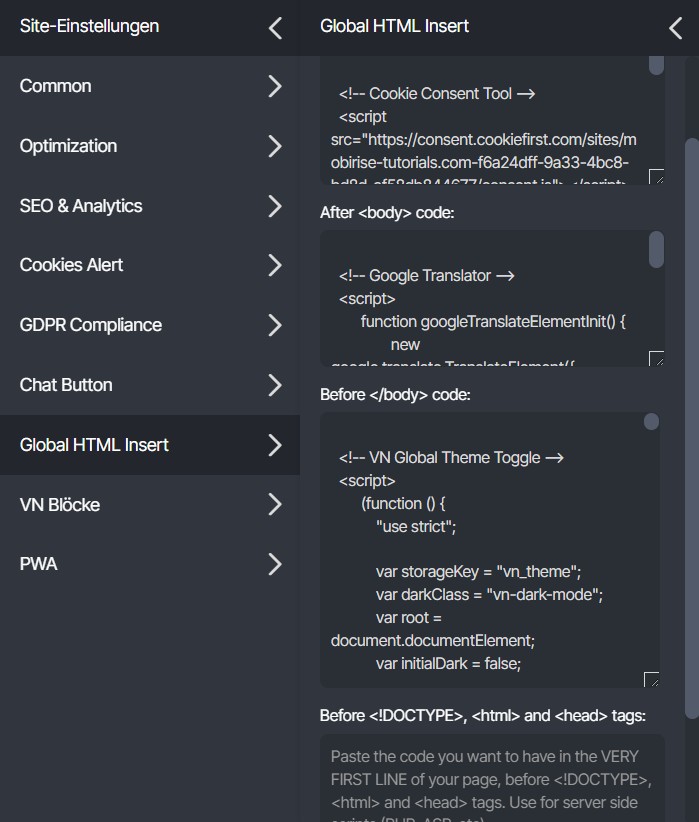 Toggle-Code in Site-Einstellungen
